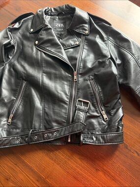 ZARA woman - Black Faux Leather Biker Jacket with Belt - XXL